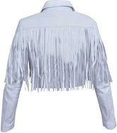 Women Crop White Fringe Leather Jacket